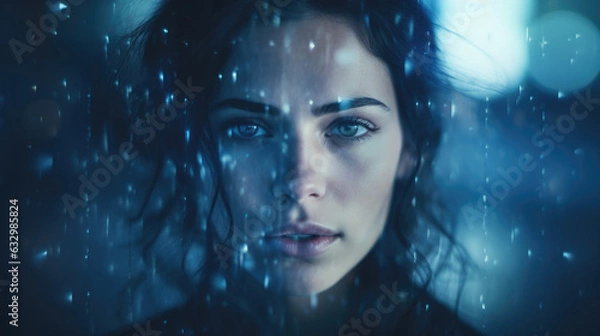 Fototapeta Dramatic bold closeup portrait of metahuman female in perfect synergy with artificial intelligence, cybernetic glamour, piercing eyes, dark midnight blue bokeh blur, light streaks - generative AI