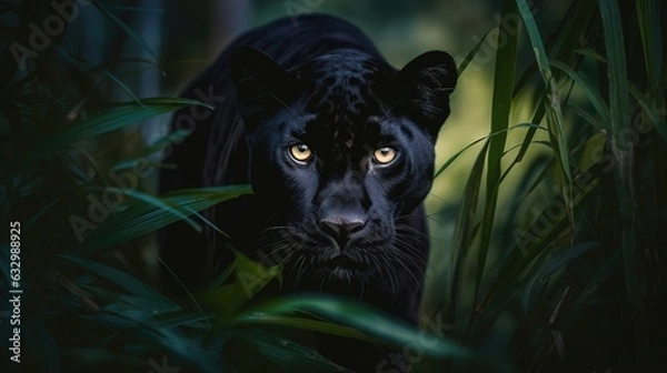 Fototapeta Black panther surrounded by vegetation in attitude hunt. Panthera pardus