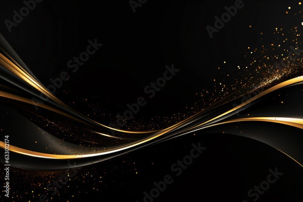Obraz 黒色と金色のウェーブとパーティクルのアブストラクト背景