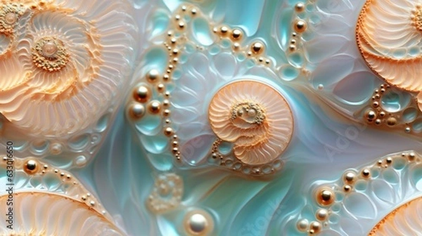 Fototapeta Seamless texture of Pearlescent ocean ammonite, soft pastel color shades, abstract fossil pattern, macro closeup fractal details, seashell mollusk spirals - generative ai
