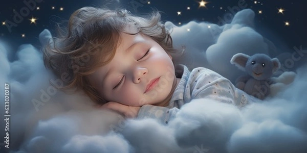 Obraz Little cute baby sleeps in his bed. The theme of dreams. Generative AI