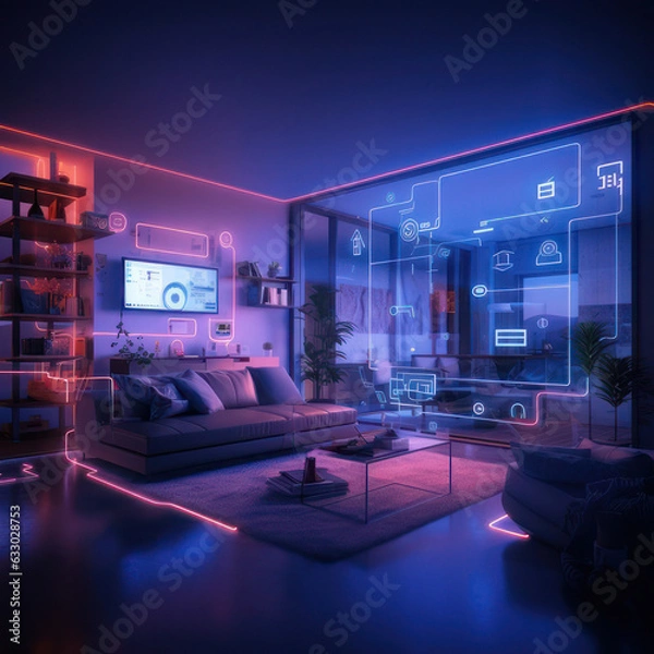 Fototapeta Smart House. The concept of a smart home with augmented reality. Square illustration. AI generative.