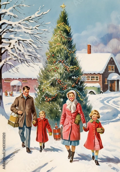 Fototapeta Retro Christmas Card illustration, '50s Christmas party, Red dress, Scrapbook, Junk Journal, Paper Crafts, Vintage Retro Christmas Card '60s