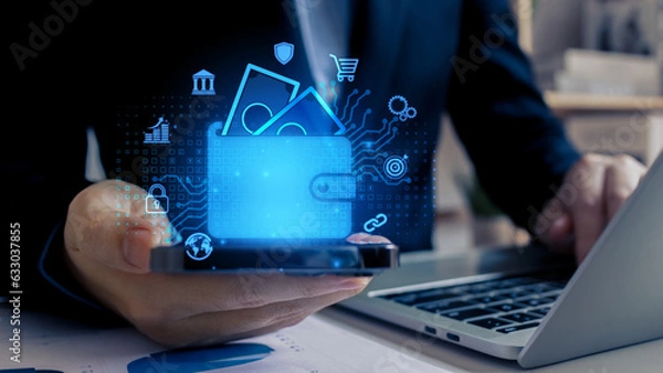 Obraz Businessman Hand Using Mobile Phone to Connect Digital Wallet. Mobile banking, online finance, e-commerce, Smart, E-wallet, Financial and Economy.