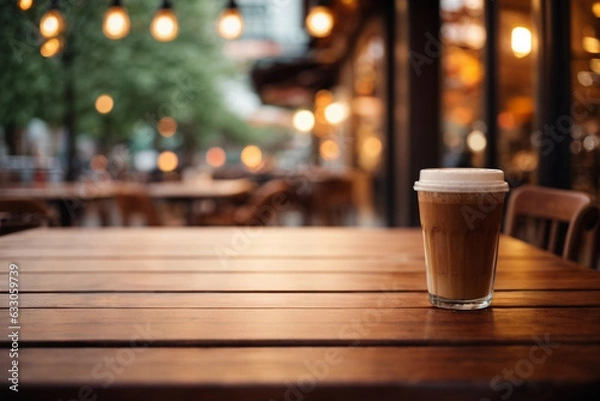 Fototapeta Empty wooden table with a hot cafe on it and bokeh lights blurred outdoor background. Image created using artificial intelligence.