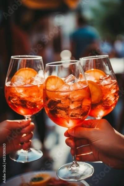 Fototapeta People clinking glasses of fresh summer refreshing orange beverage with alcohol and oranges in the sunlight outside. Get together Party vibe