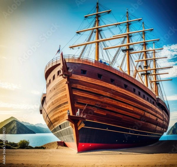 Fototapeta bible story of noah's ark anchored after the great flood - Generative AI
