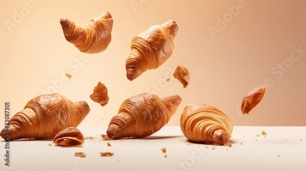 Fototapeta Advertisement studio banner with freshly baked french butter croissants flying in the air on pastel gradient background. Food ingredient levitation.