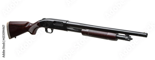 Fototapeta Pump-action 12 gauge shotgun isolated on a white back. A smooth-bore weapon with a wooden stock.