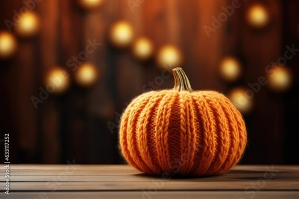 Fototapeta Knitted pumpkin on wooden table blurred background Generative AI