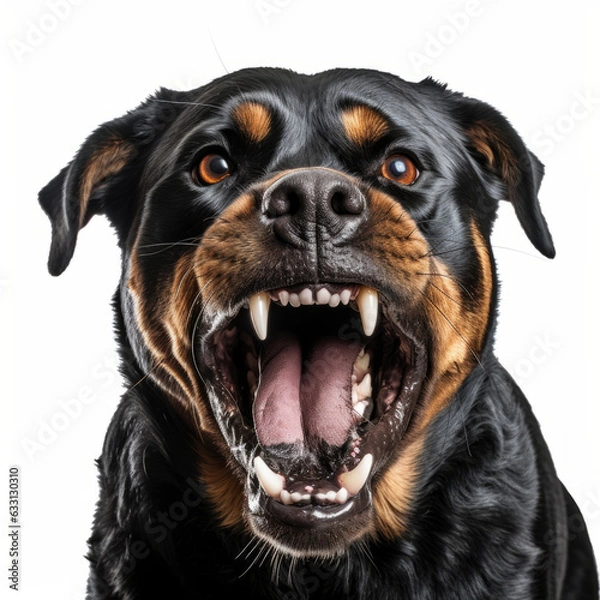 Fototapeta Isolated Rottweiler Dog Growling Aggressively on White Background