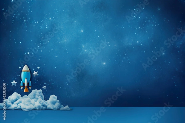 Obraz Blue background with space rocket and copy space. It's a boy backdrop with empty space for text. Baby shower or birthday invitation, party. Baby boy birth announcement. Men's Day. Generative AI.