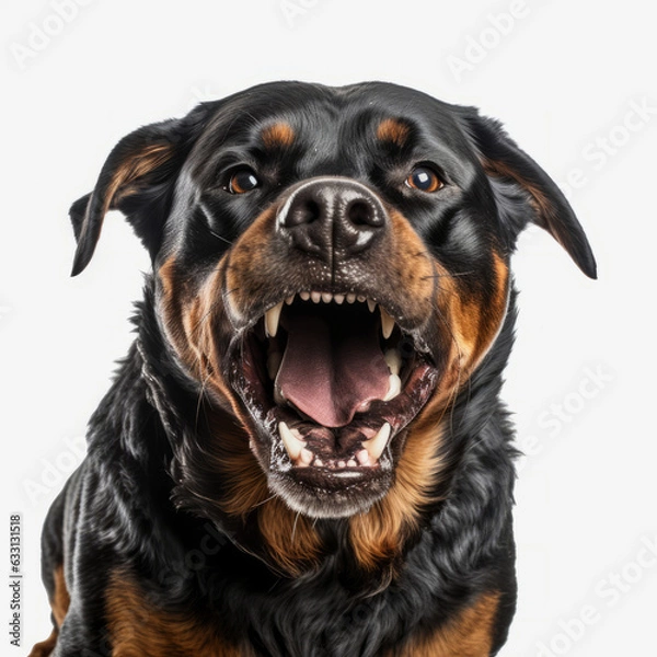 Obraz Isolated Rottweiler Dog Growling Aggressively on White Background - Stock Image