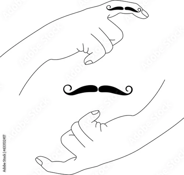 Obraz Vector linear hands, mustache black silhouette and on finger. Elements for design card, poster, print. 