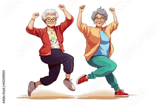Obraz Two happy gray-haired elderly women doing physical exercises on a white background, active healthy lifestyle. Flat minimalistic isolated illustration 