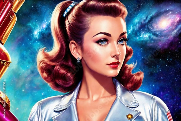 Fototapeta Portrait of a beautiful woman in a polished aluminum suit as an astronaut, space theme in the retro futurism style of the 60s. Generative AI.