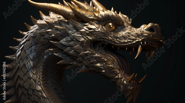 Fototapeta A detailed dragon statue on a black background Generative Ai
