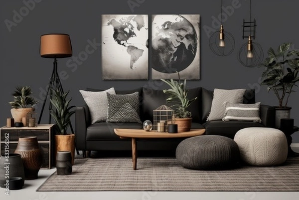 Fototapeta The living room interior is well decorated with a brown sofa, a wooden coffee table, a plant in a flowerpot, a black stool, a gray pillow, a patterned rug, and various personal accessories. The design