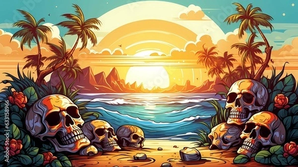 Fototapeta skull by the beach at sunset