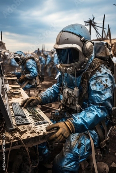 Fototapeta a group of people in blue overalls and helmets working on a computer. Generative AI Art.