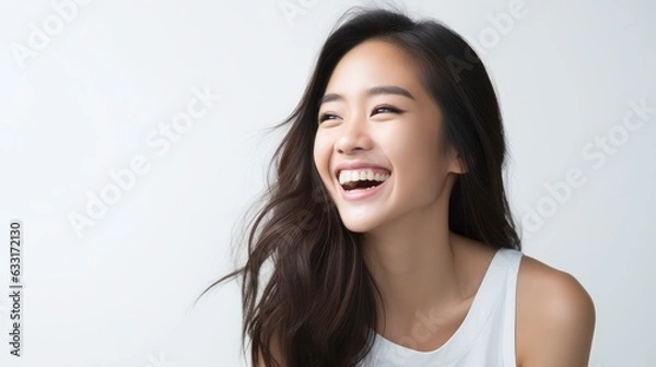 Fototapeta A closeup photo portrait of a beautiful young asian model woman laughing and smiling with clean teeth. used for a dental ad. isolated on white background,