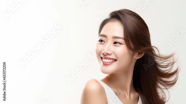 Fototapeta A closeup photo portrait of a beautiful young asian model woman laughing and smiling with clean teeth. used for a dental ad. isolated on white background,