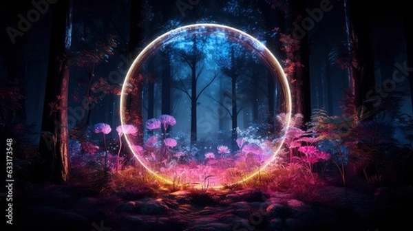 Fototapeta 
Abstract art of glowing fantasy in magical night in circle shape in crystal glass. Concept of mysterious forest in colorful neon light,