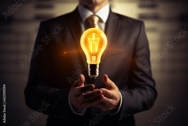 Fototapeta A businessman holding a glowing lightbulb - idea concept