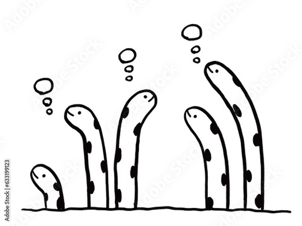 Fototapeta かわいいモノクロのチンアナゴ／手描きイラスト素材