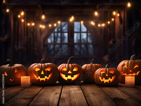 Fototapeta Halloween pumpkins on wooden table in Halloween theme with Generative AI.