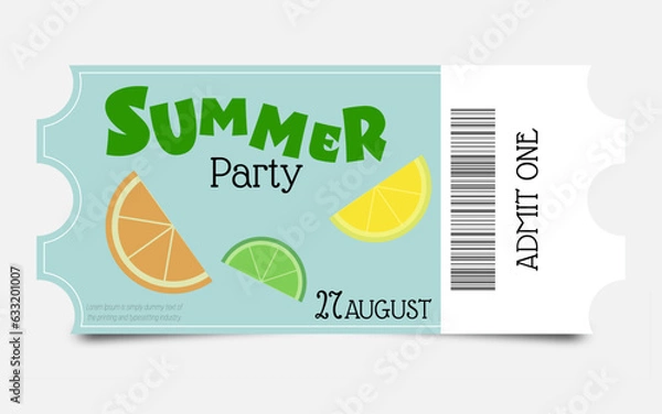 Fototapeta Summer party invitation blue color with citrus, ticket admit one. Vector illustration