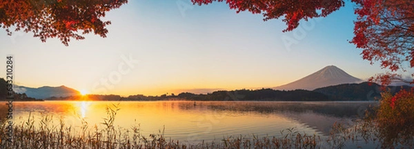 Obraz 紅葉越しに河口湖の日の出と富士山を望む