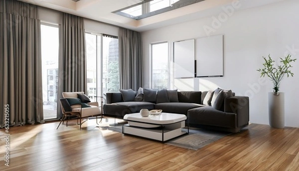 Fototapeta Elegant and comfortable designed living room with big corner sofa, wooden floor and big windows
