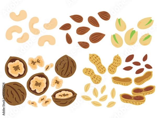 Fototapeta かわいいピーナッツとピスタチオとアーモンドとクルミの素材セット／手描きイラスト