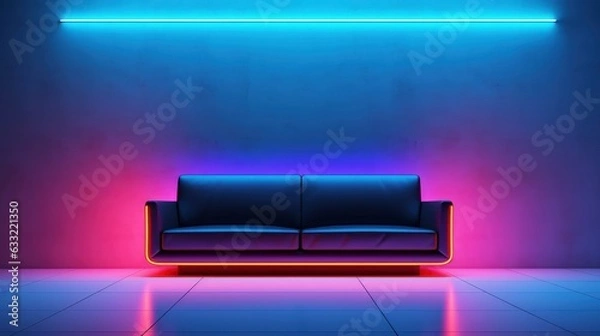Fototapeta 
Minimalist clean sofa, with a background on the wall with randon rgb neon design, hyper realistic, sofa interior design,