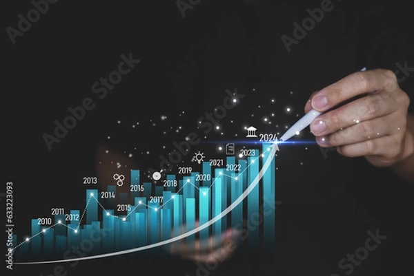 Fototapeta Concept business growing graph, chart with company progress and growth by year, 2024, economic growth, Business people check and analytic data of Annual Economic Growth Data. Digital screen touch.