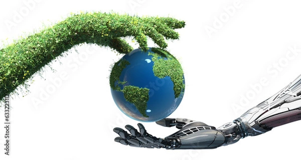 Fototapeta Green energy and artificial intelligence saving Planet Earth conceptual design, mechanical robot arm and hand of the nature covered with grass and flowers protecting a globe