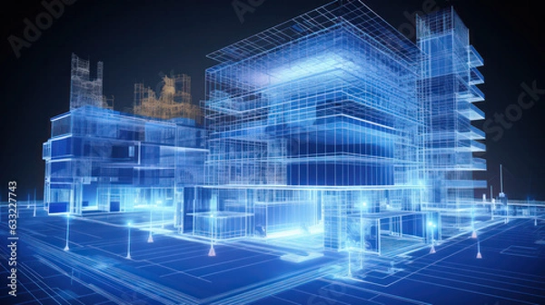 Obraz Wireframe of building. sketch design. Digital project visualization