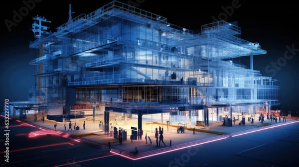 Obraz Wireframe of building. sketch design. Digital project visualization