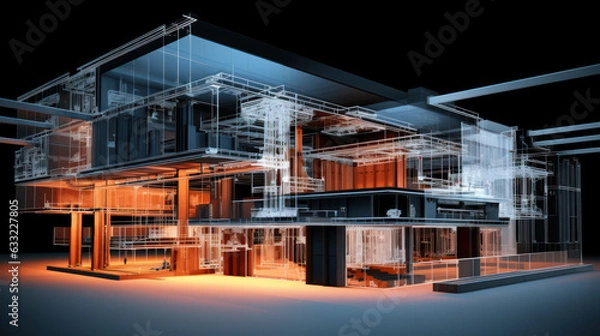 Obraz Wireframe of building. sketch design. Digital project visualization