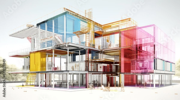 Obraz Wireframe of building. sketch design. Digital project visualization