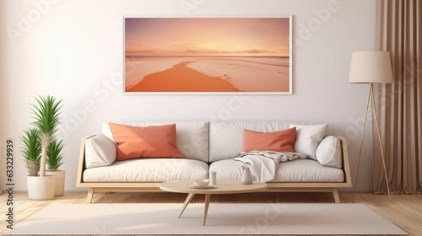 Fototapeta Minimalist clean sofa, with randon rgb pattern wall background, sofa interior design.