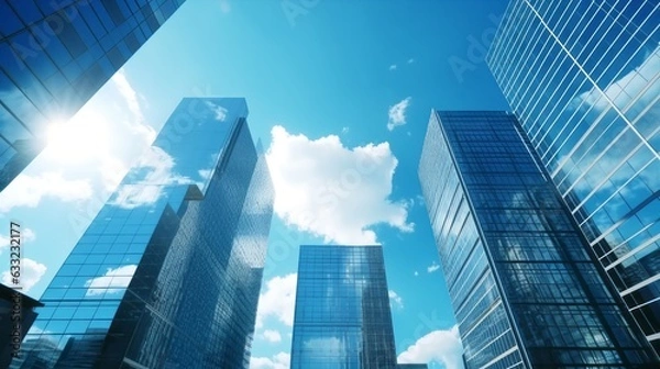 Obraz Blue sky with building office city skyscrapers reflecting in the sunlight. Low angle view of modern buildings in a city urban environment. Generative AI.