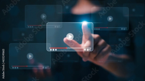 Fototapeta Women search for video content on internet, to watch online entertainment streaming, watch online streaming video.  online learning, watch video and live, listen to music, shows or online lessons.