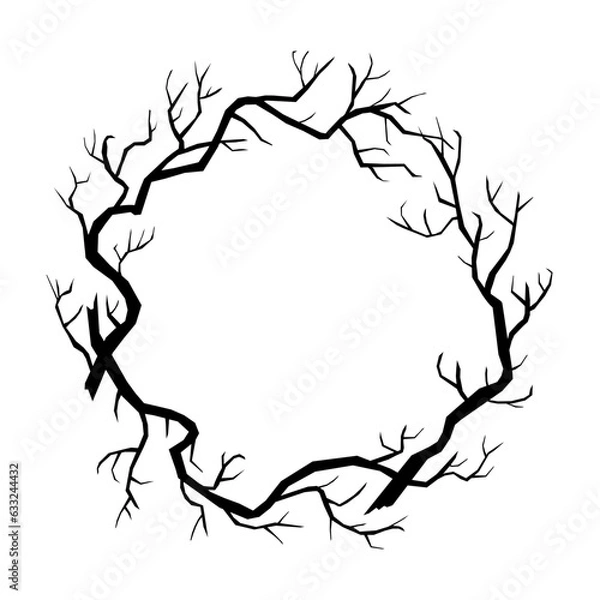Obraz Wreath made from doodle tree branches. Spooky round border with space for text. Vector illustration isolated on white background. Halloween circle frame.