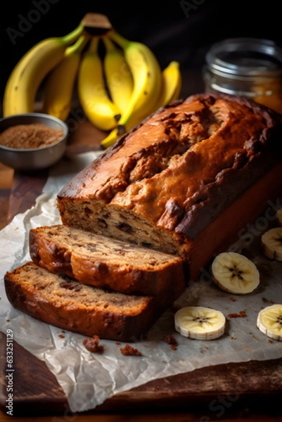 Obraz loaf of banana bread with cut slices and ripe bananas, editorial stylist gourmet food magazine