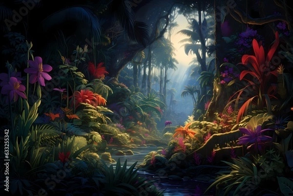Fototapeta Fantasy Pathway Through A Dense Forest.Moonlight shines.Fantasy Backdrop Concept Art Realistic Illustration Video Game Background Digital Painting CG Artwork Scenery Artwork Serious Book Illustration.