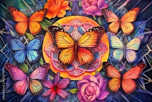 Fototapeta Graceful Butterflies Dancing Amidst a Kaleidoscope of Blooms: Vibrant Rainbow Winged Butterfly Drawing, generative AI