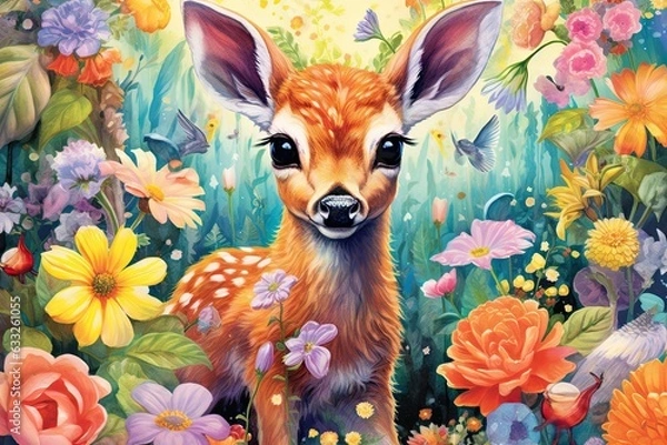 Fototapeta Adorable Baby Animals Playfully Frolicking in a Colorful Wonderland of Joy and Innocence, Amidst Flowers and Smiles, generative AI