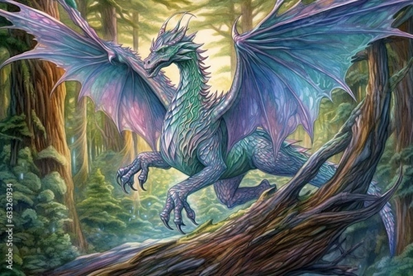 Fototapeta Emerald and Sapphire: Majestic Dragon Soaring through an Ancient Forest with Prismatic Scales, generative AI